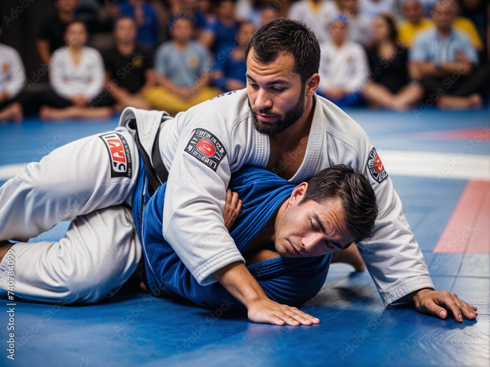 Brazilian jiu-jitsu practitioner performing a sweep on his opponent in competition with blur audience or students in background