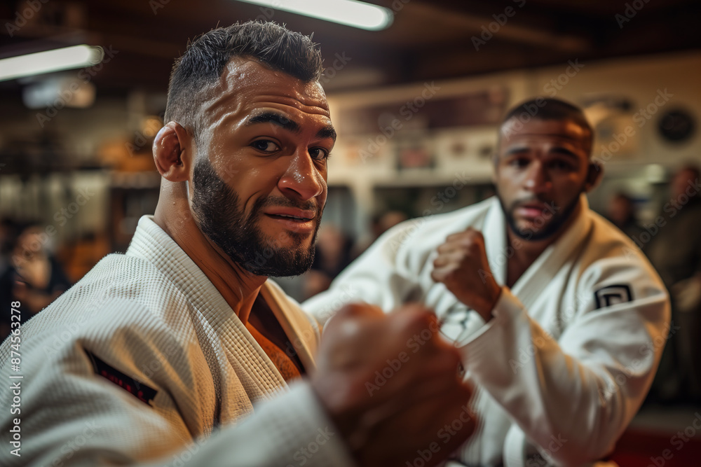 Two men in white judogi train Brazilian jiu jitsu in a gym. They are in a martial arts class.